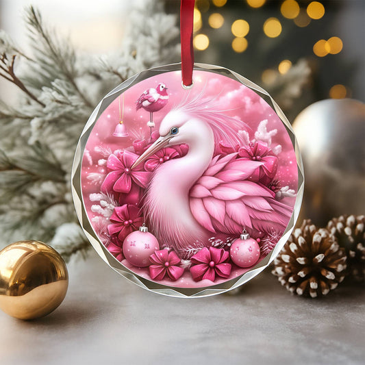 Heron Pink Christmas Design 1 Glass Ornament