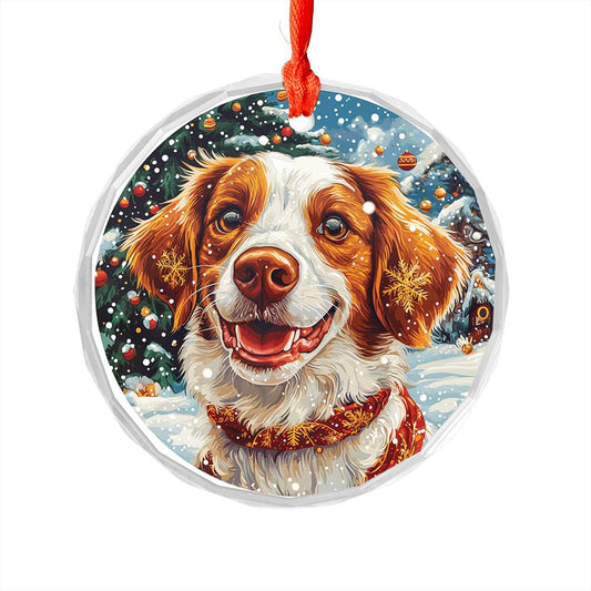 Beautiful Brittany Dog Christmas Night Design 1 Glass Ornament