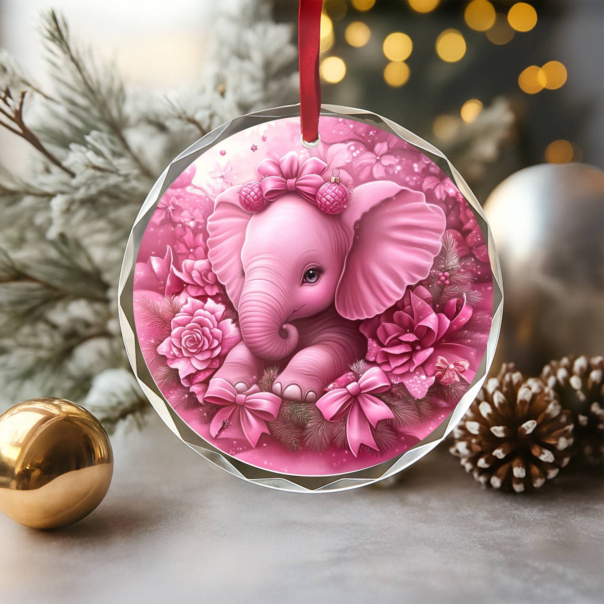 Elephant Pink Christmas Design 3 Glass Ornament