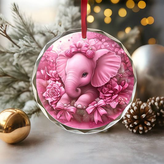 Elephant Pink Christmas Design 3 Glass Ornament