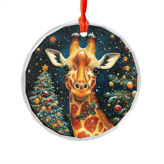 Beautiful Giraffe Christmas Night Design 2 Glass Ornament