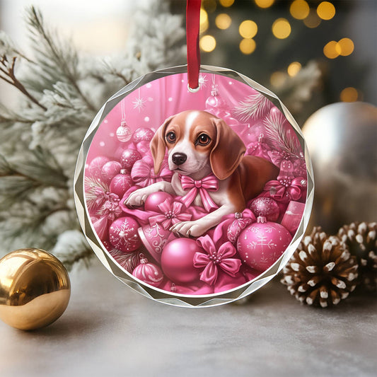 Beagle Dog Pink Christmas Design 2 Glass Ornament
