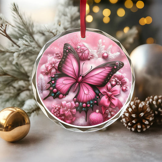 Butterfly Pink Christmas Design 3 Glass Ornament
