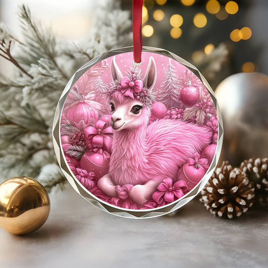 Llama Pink Christmas Design 2 Glass Ornament