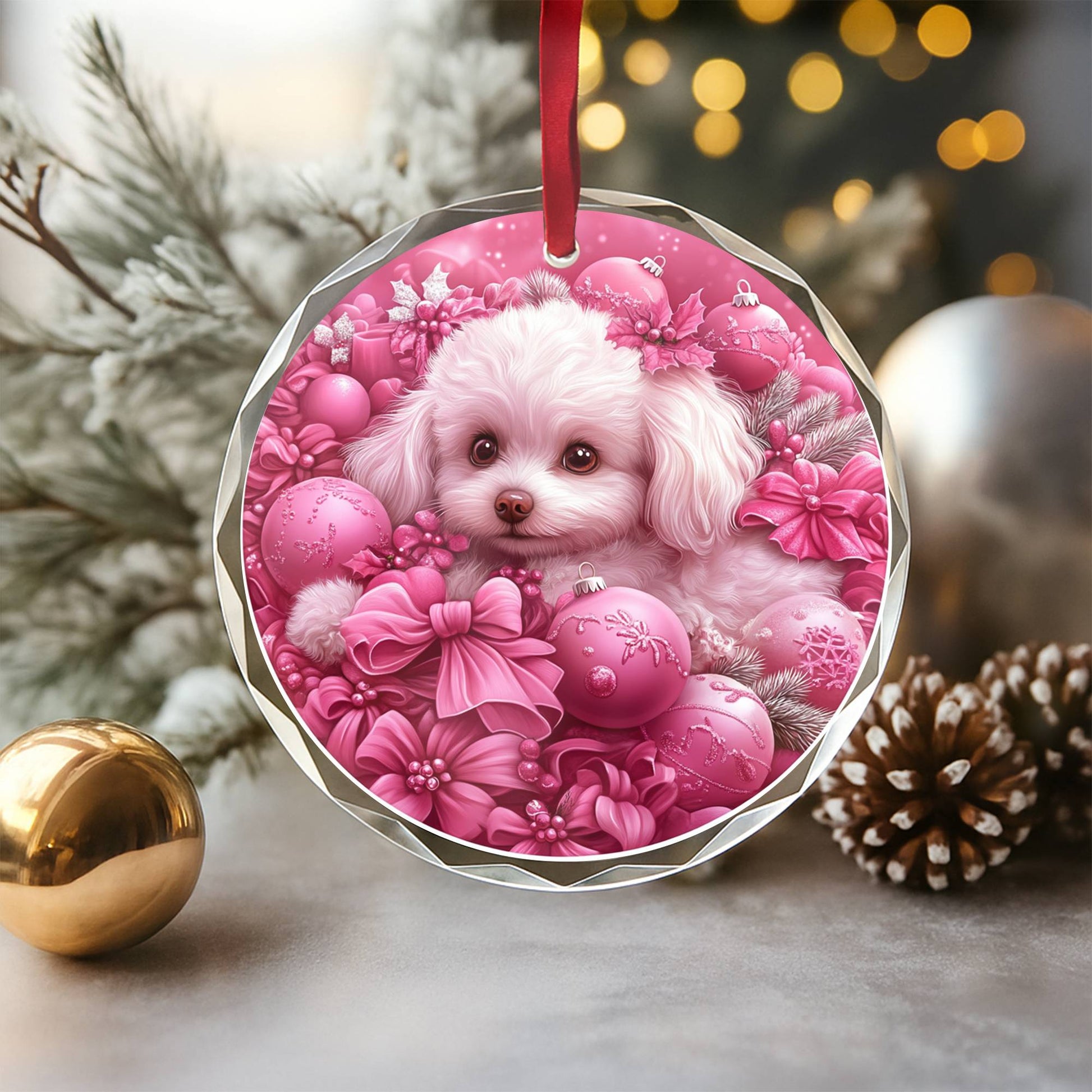 Bichon Frise Dog Pink Christmas Design 1 Glass Ornament