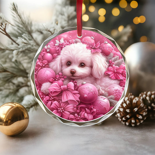 Bichon Frise Dog Pink Christmas Design 1 Glass Ornament