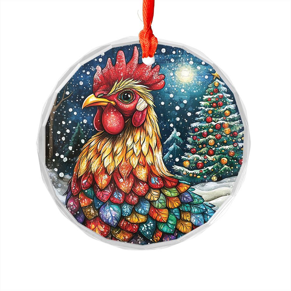 Beautiful Rooster Christmas Night Design 2 Glass Ornament