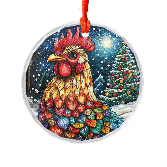 Beautiful Rooster Christmas Night Design 2 Glass Ornament