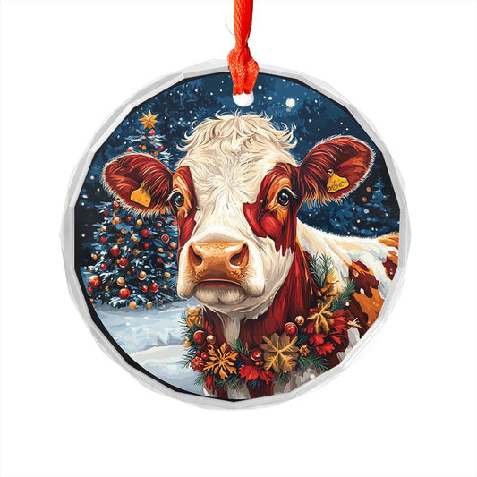 Beautiful Hereford Cow Christmas Night Design 4 Glass Ornament
