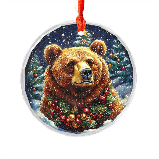 Beautiful Angus Grizzly Bear Christmas Night Design 3 Glass Ornament