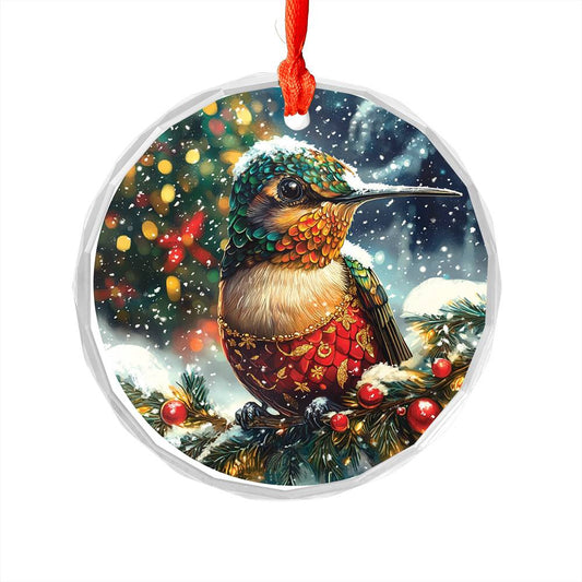 Beautiful Hummingbird Christmas Night Design 3 Glass Ornament