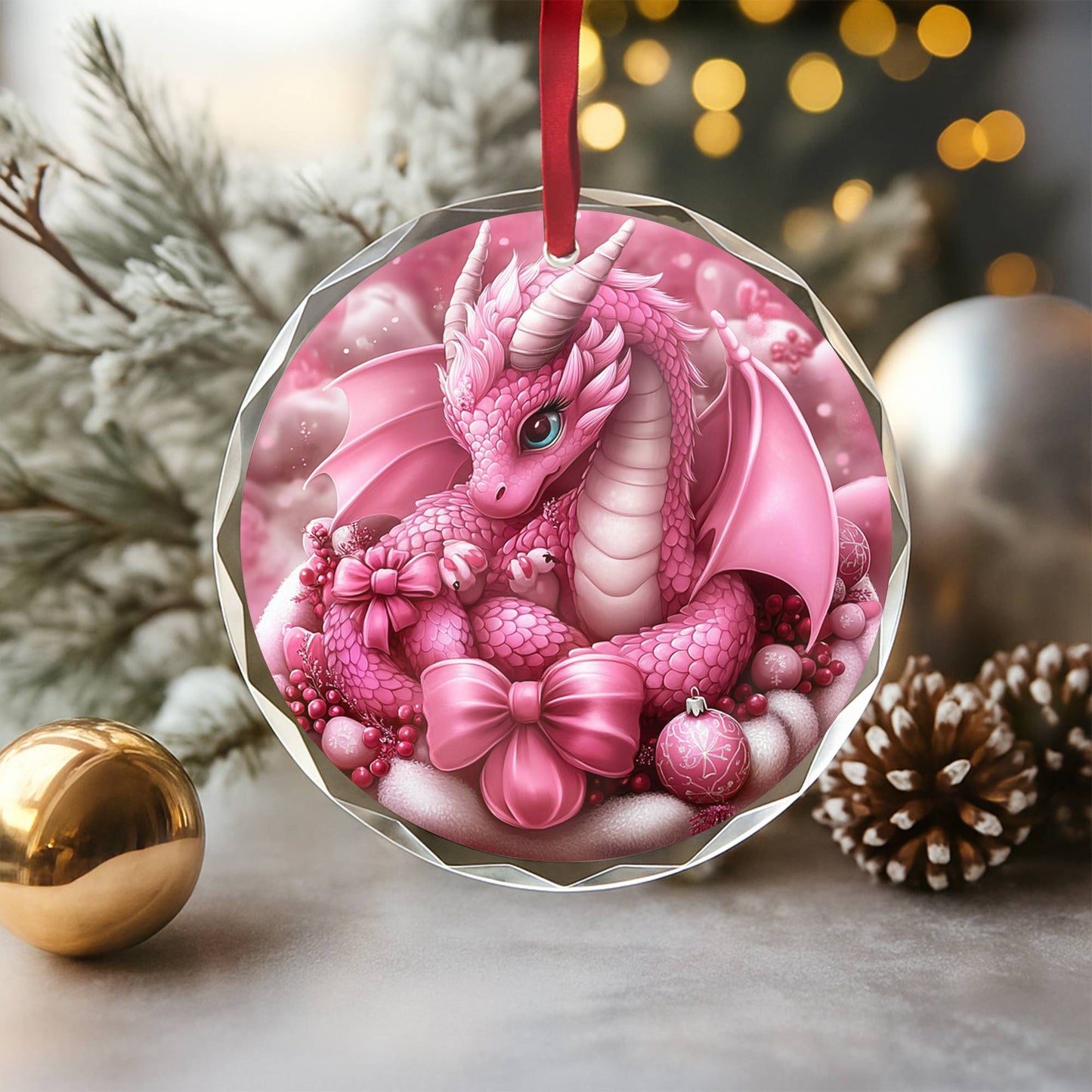 Dragon Pink Christmas Design 1 Glass Ornament