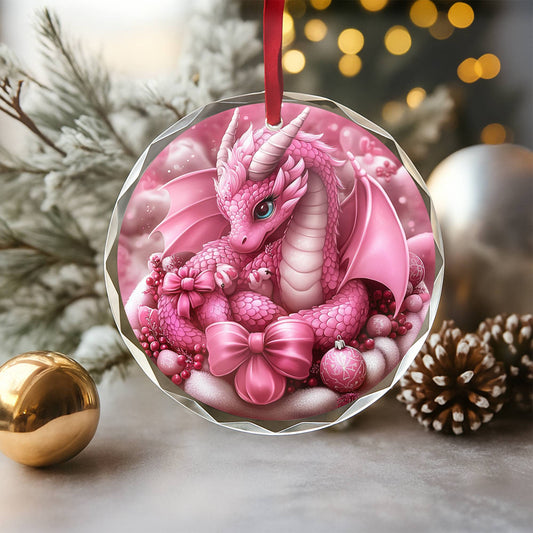 Dragon Pink Christmas Design 1 Glass Ornament