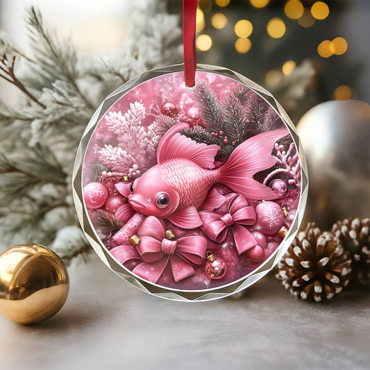 Goldfish Pink Christmas Design 2 Glass Ornament