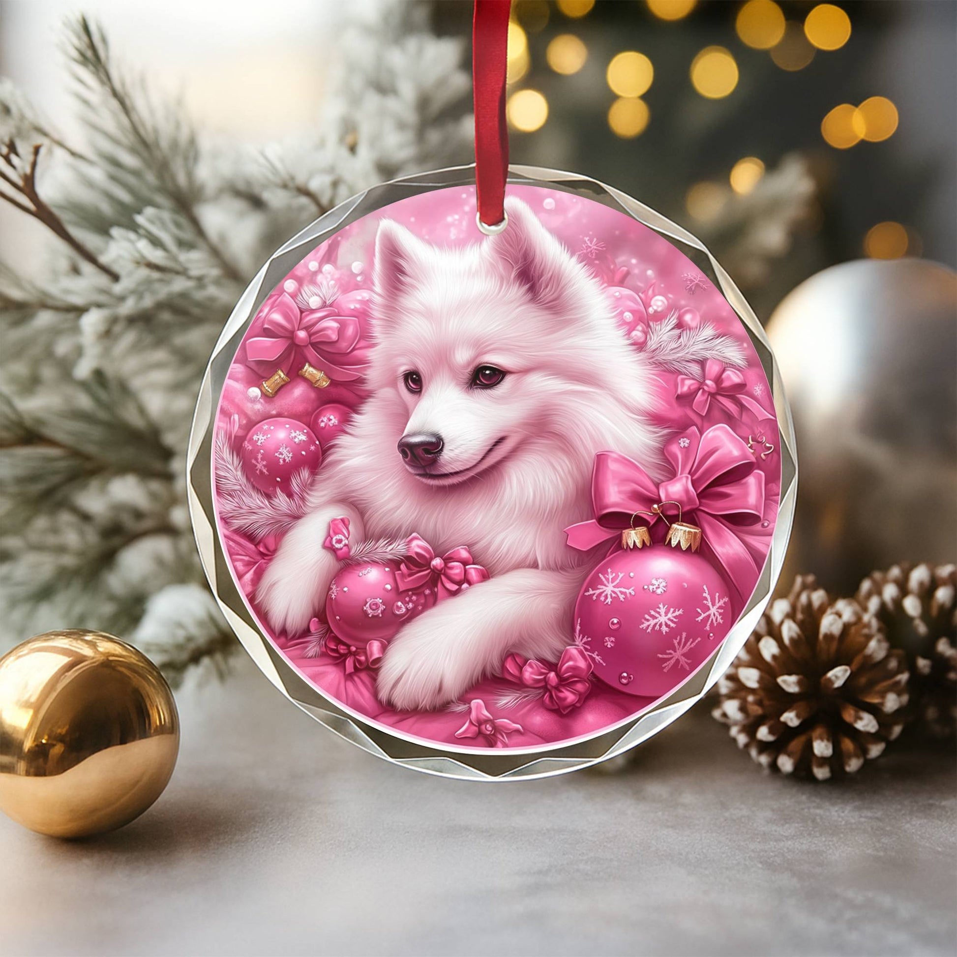 Samoyed Dog Pink Christmas Design 2 Glass Ornament