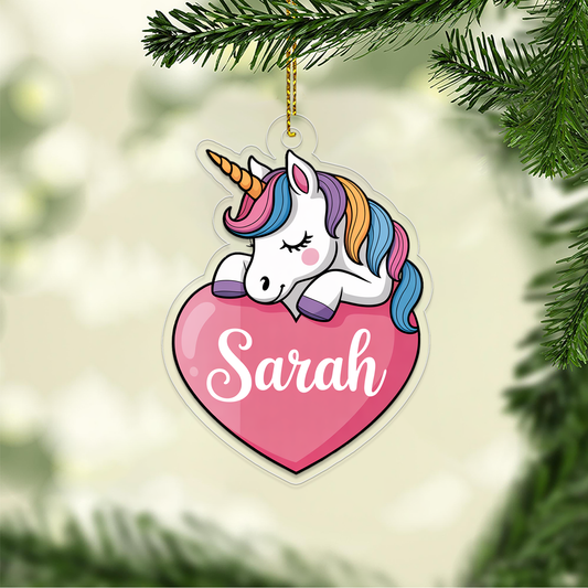Personalized Cute Unicorn In Heart Ornament, Little Princess Ornament Gift For Girls, Christmas Decor, Unicorn Lover Gift