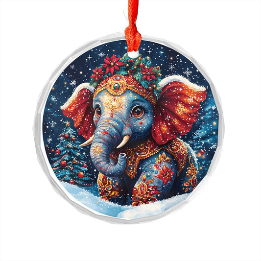 Beautiful Elephant Christmas Night Design 1 Glass Ornament