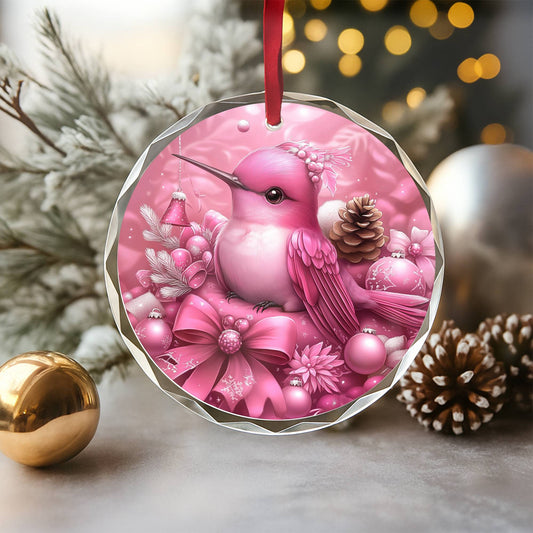 Hummingbird Pink Christmas Design 2 Glass Ornament