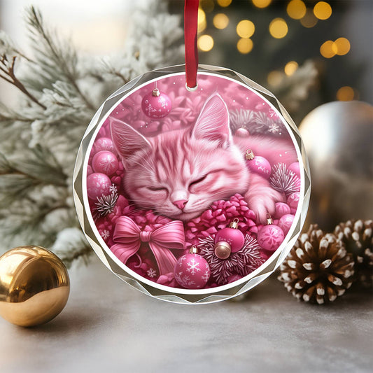 American Shorthair Pink Christmas Design 1 Glass Ornament