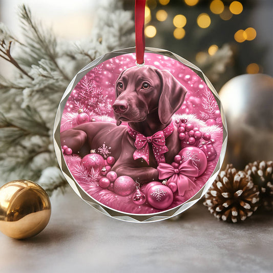 German Shorthaired Pointer Dog Pink Christmas Design 1 Glass Ornament