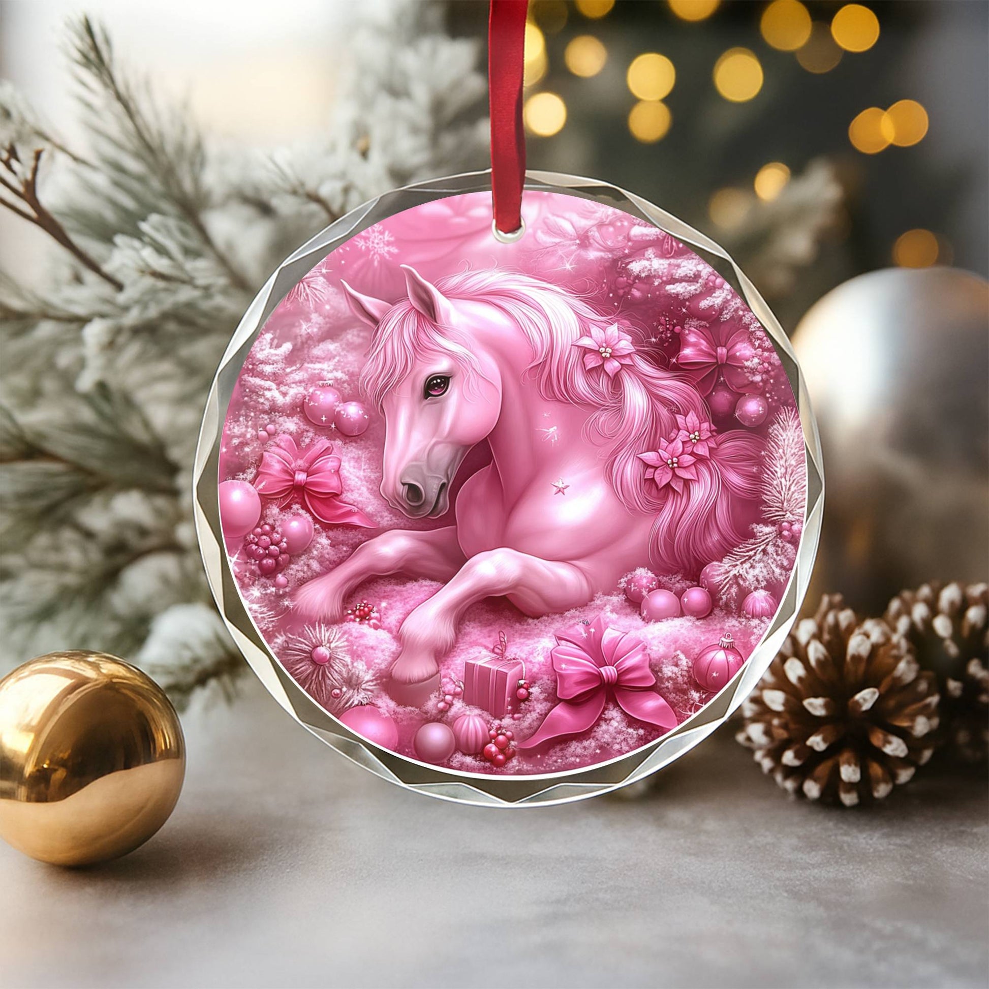 Horse Pink Christmas Design 1 Glass Ornament
