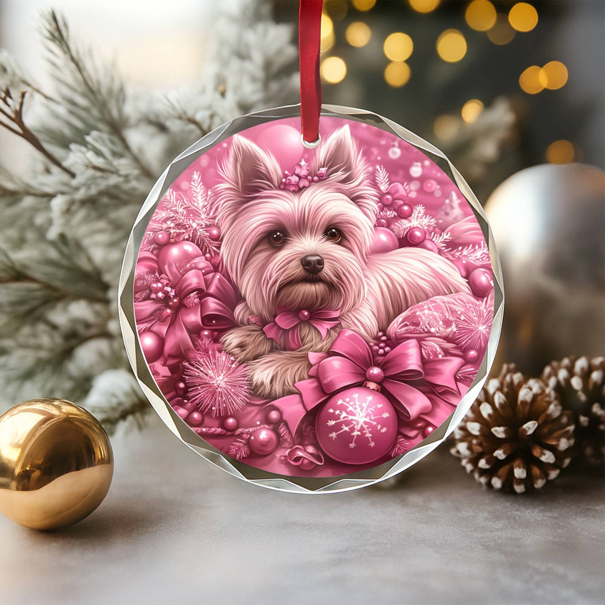 Yorkshire Terrier Dog Pink Christmas Design 3 Glass Ornament
