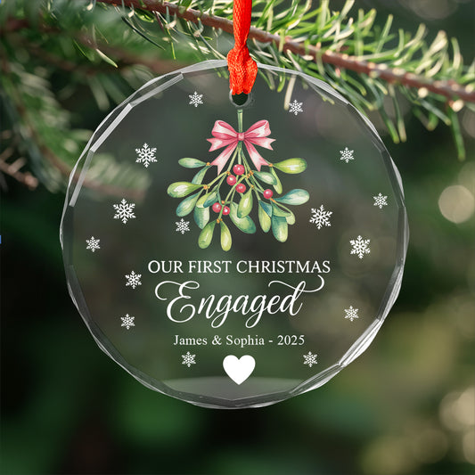 Mistletoe Our First Christmas Engaged - Personalized Circle Glass Ornament2