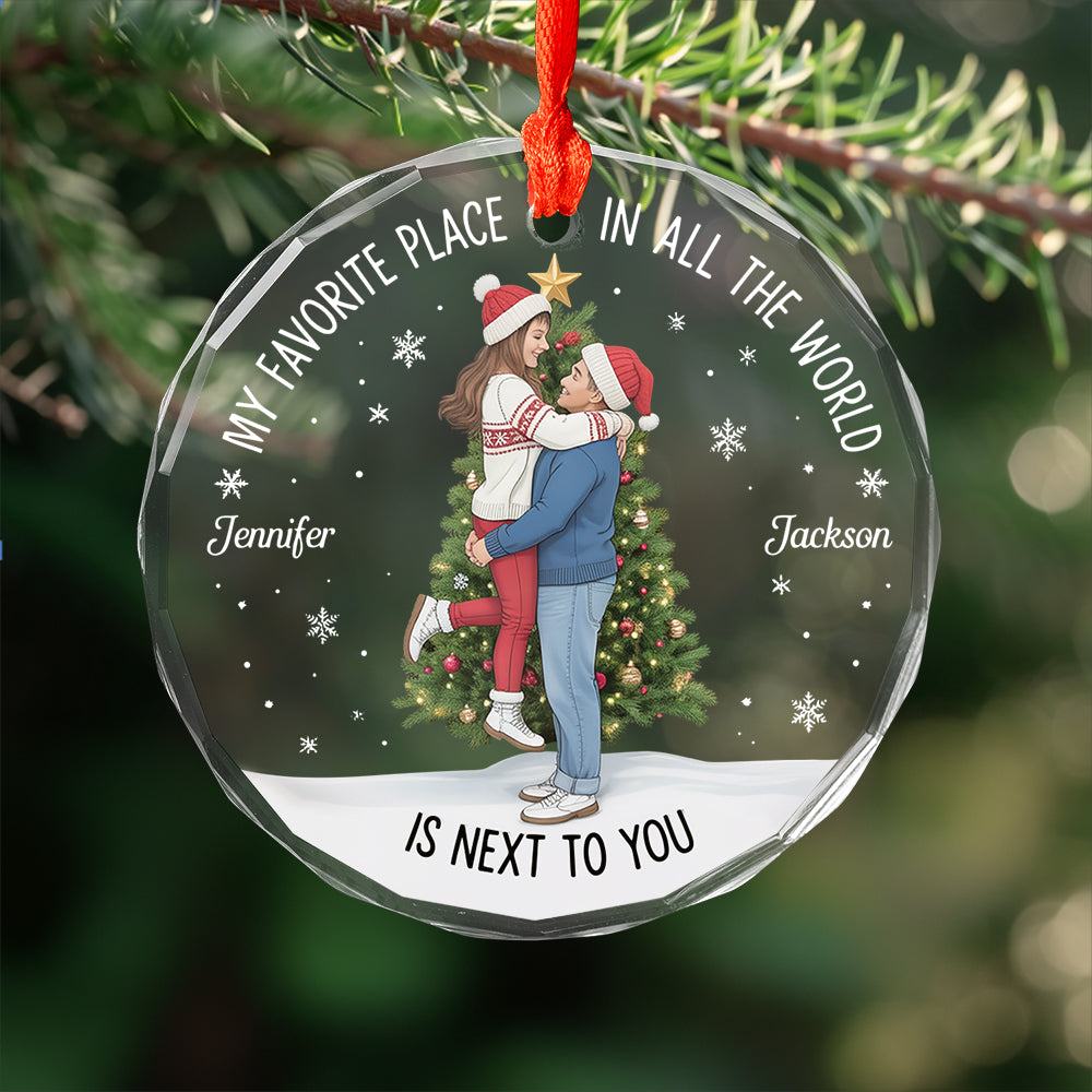 Christmas Couple Kissing My Favorite Place In All The World - Personalized Circle Glass Ornament 2
