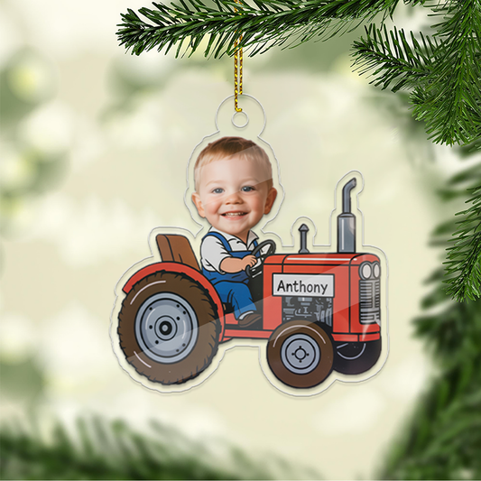 Custom Farmer Baby Face Photo Ornament, Personalized Tractor Ornament, Acrylic Funny Face Ornament, Christmas Decor