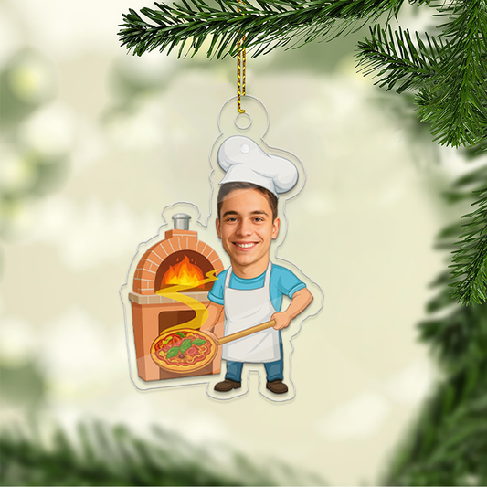 Custom Photo Pizza Maker Ornament, Personalized Photo Baker Portrait, Pizza Lovers Christmas Ornament