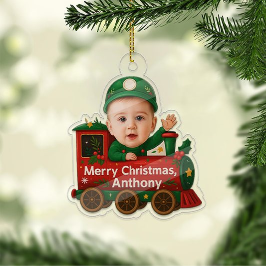 Custom Photo Baby In Train Acrylic Ornament, Funny Christmas Ornament, Custom Face Picture Ornament, Christmas Tree Decor