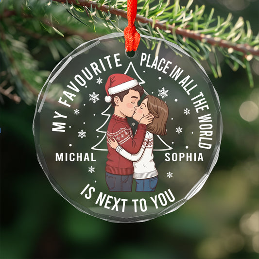 Christmas Couple Sideview You Are My Favorite By Far - Personalized Circle Glass Ornament2