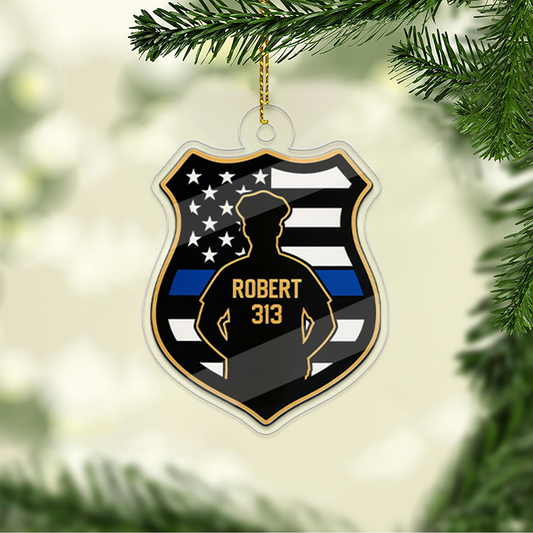 Custom Policeman Christmas Tree Ornament, Police Officer Christmas Decor, Gift for Dad, Husband, Thin Blue Line Police Badge Ornament