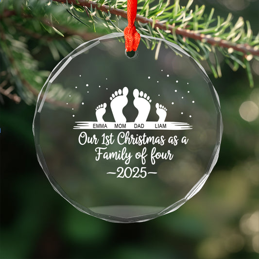 First Christmas As A Family Of Four Footprints - Personalized Heart Shaped Glass Ornament