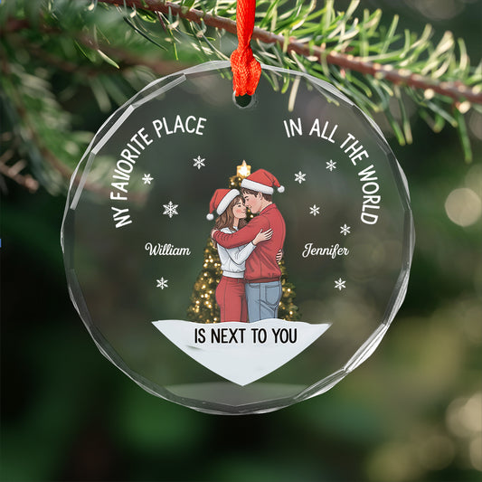 Christmas Couple Sideview You Are My Favorite By Far - Personalized Heart Glass Ornament4