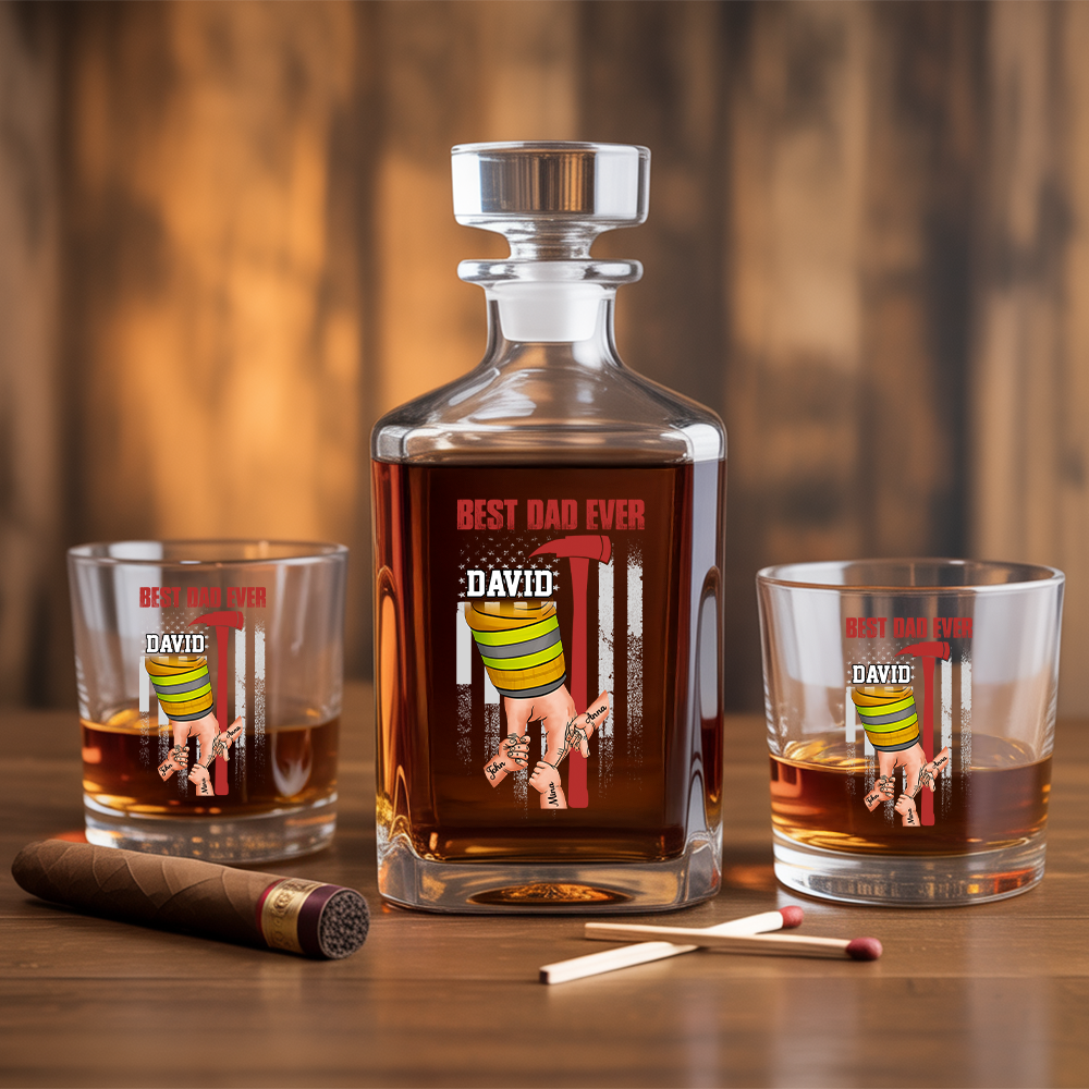 Personalized Best Dad Ever Firefighters Decanter Set, Gift For Fireman, First Responder Gift TNN031