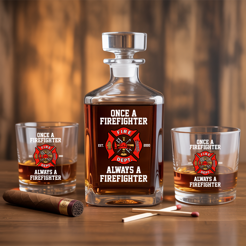 Personalized Once A Firefighter Always A Firefighter Decanter Set, Gift For Fireman, First Responder Gift TNN049