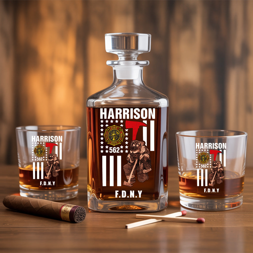Personalized Gift For Firefighter Thin Red Line Decanter Set, Gift For Fireman, First Responder Gift TNN053