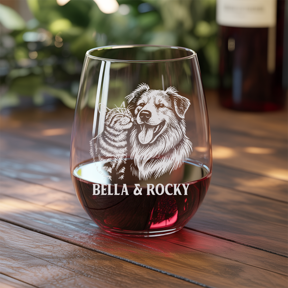 Custom Photo Dog & Cat Stemless Wine Glass | Personalized Pet Photo Stemless Wine Glass | Pet Lover Gift TNNGL15