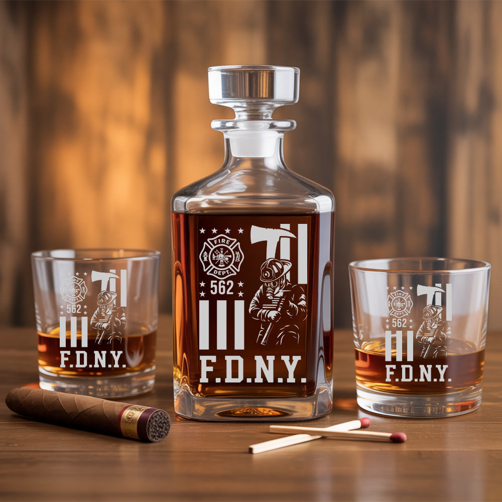 Personalized Gift For Firefighter Thin Red Line Decanter Set, Gift For Fireman, First Responder Gift TNN054