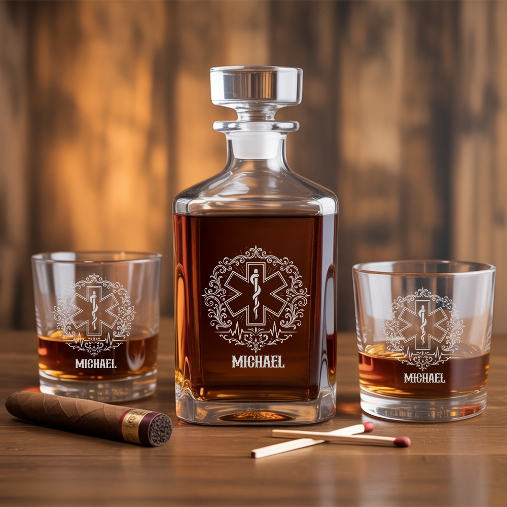 Personalized Firefighter Decanter With Whiskey Glasses Set, First Responder Gift, Firefighter Maltese Cross Decanter, Fireman Gift TNN018