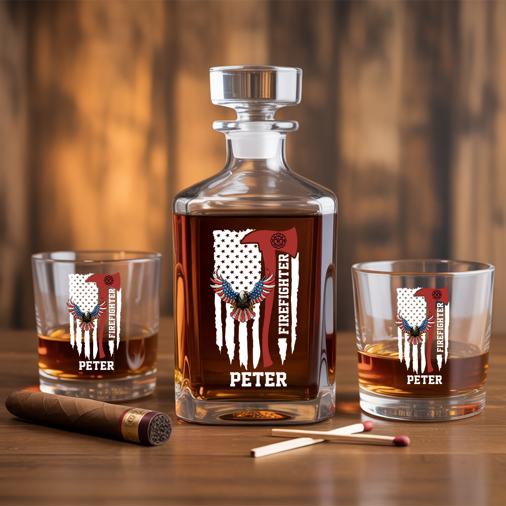 Personalized American Eagle Firefighter Decanter Set, Gift For Fireman, First Responder Gift TNN041