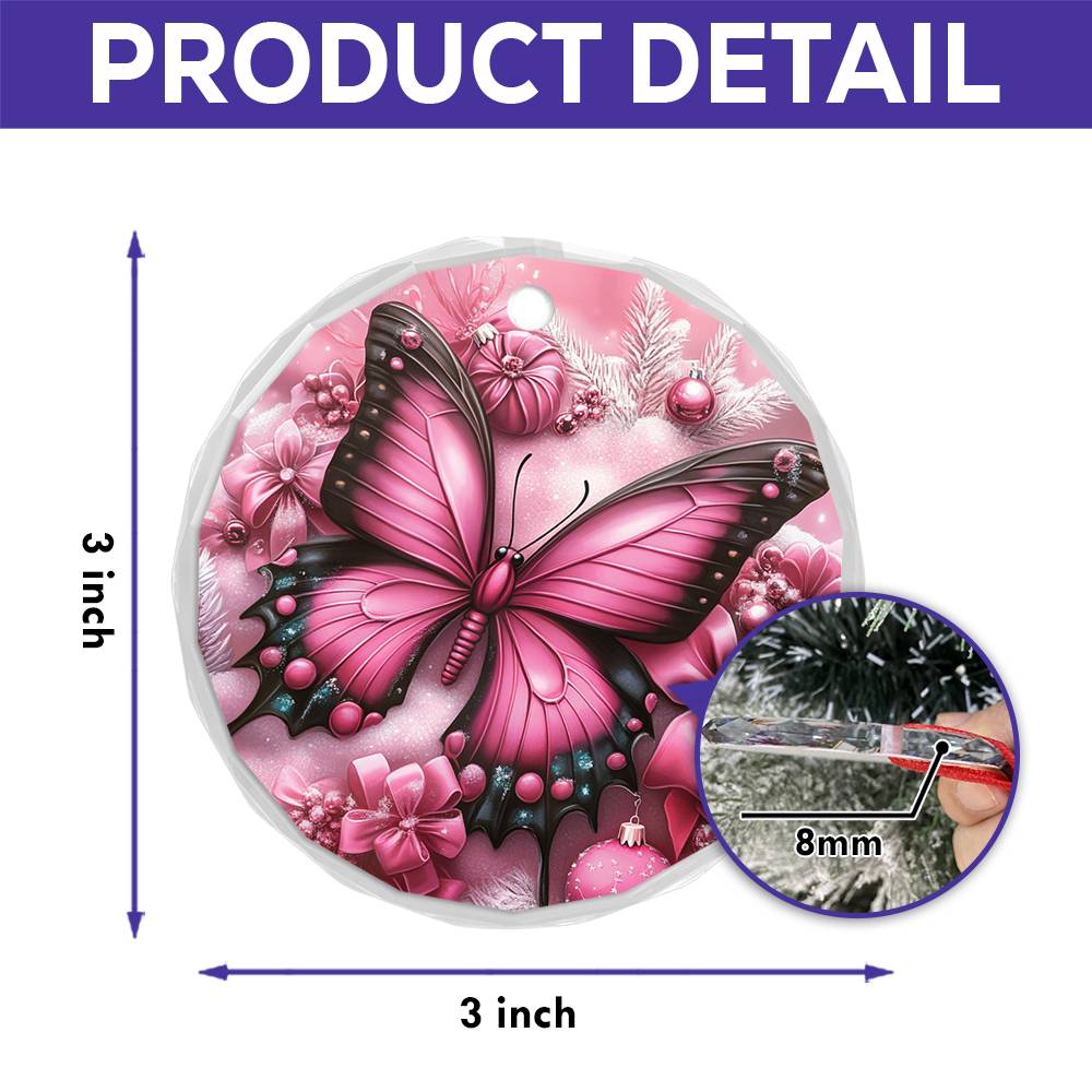 Butterfly Pink Christmas Design 3 Glass Ornament