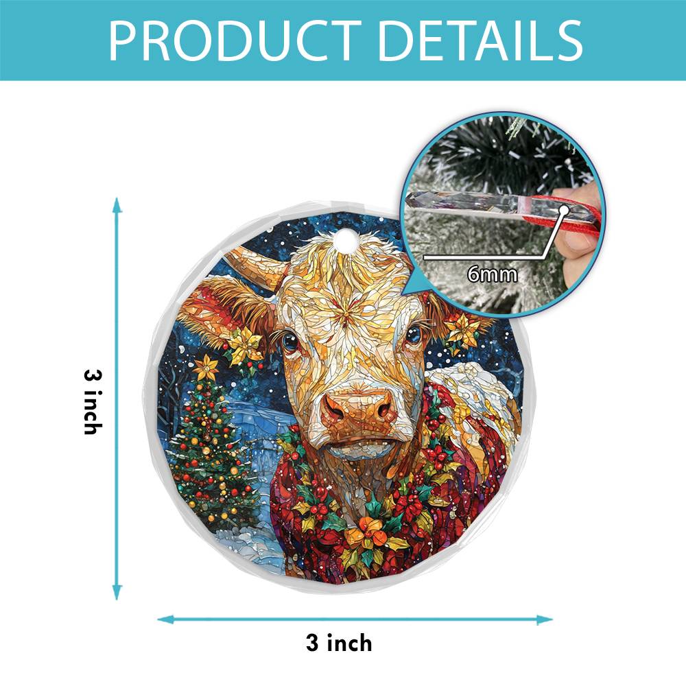 Beautiful Hereford Cow Christmas Night Design 2 Glass Ornament