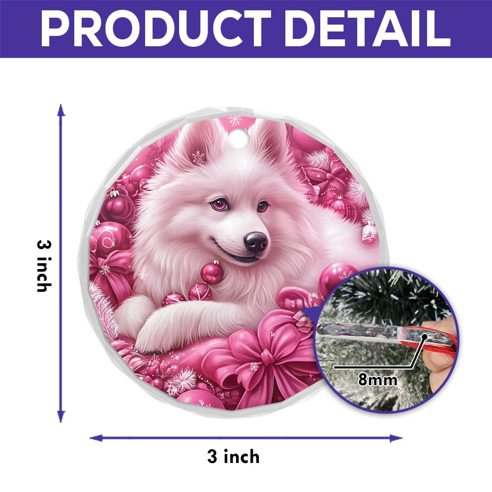 Samoyed Dog Pink Christmas Design 1 Glass Ornament