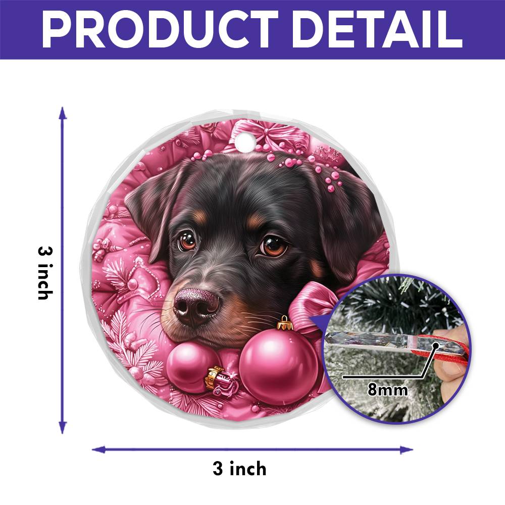 Christmas Rottweiler Dog Pink Christmas Design 2 Glass Ornament