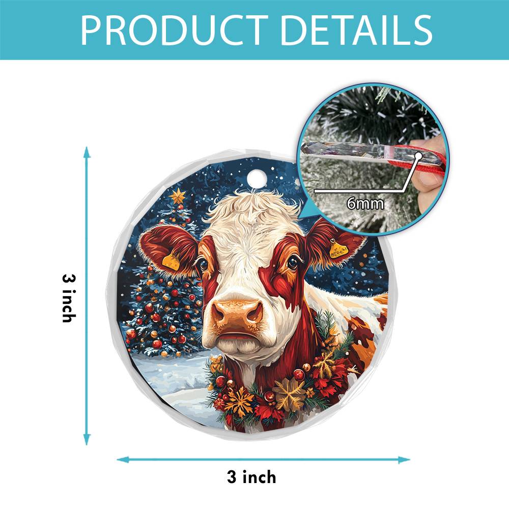 Beautiful Hereford Cow Christmas Night Design 4 Glass Ornament