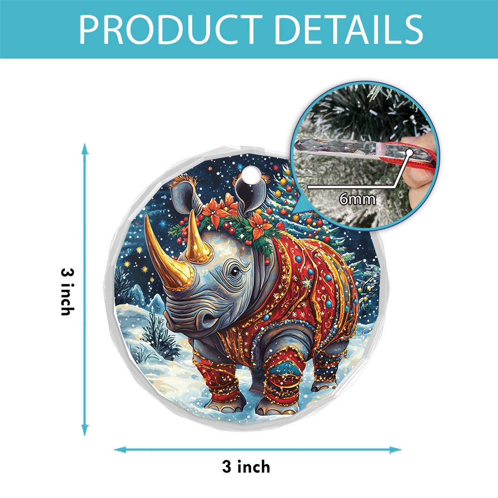 Beautiful Rhino Christmas Night Design 2 Glass Ornament