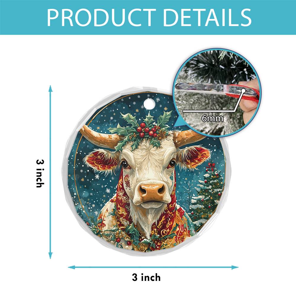 Beautiful Longhorn Cow Christmas Night Design 4 Glass Ornament