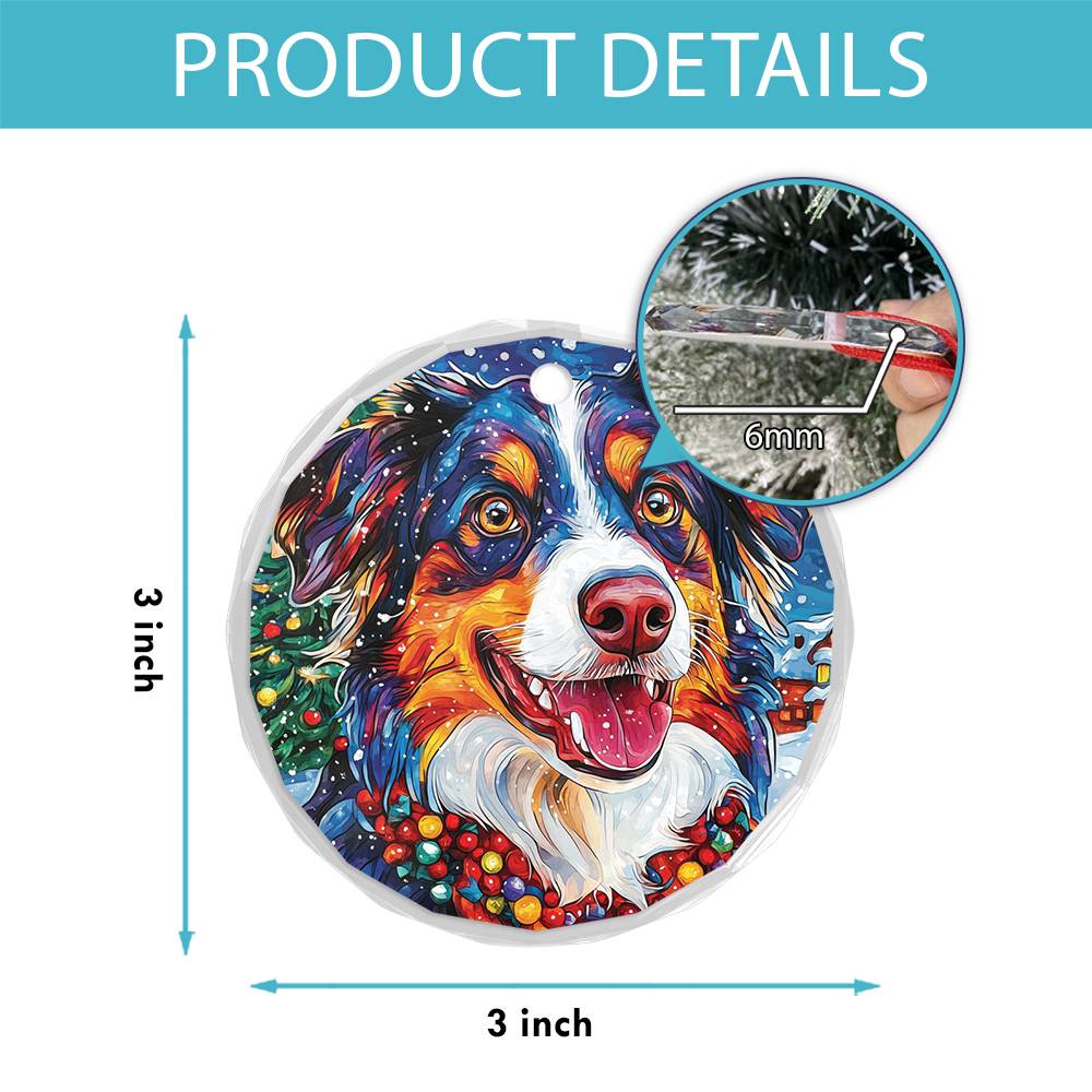 Beautiful Angus Australian Shepherd Dog Christmas Night Design 1 Glass Ornament